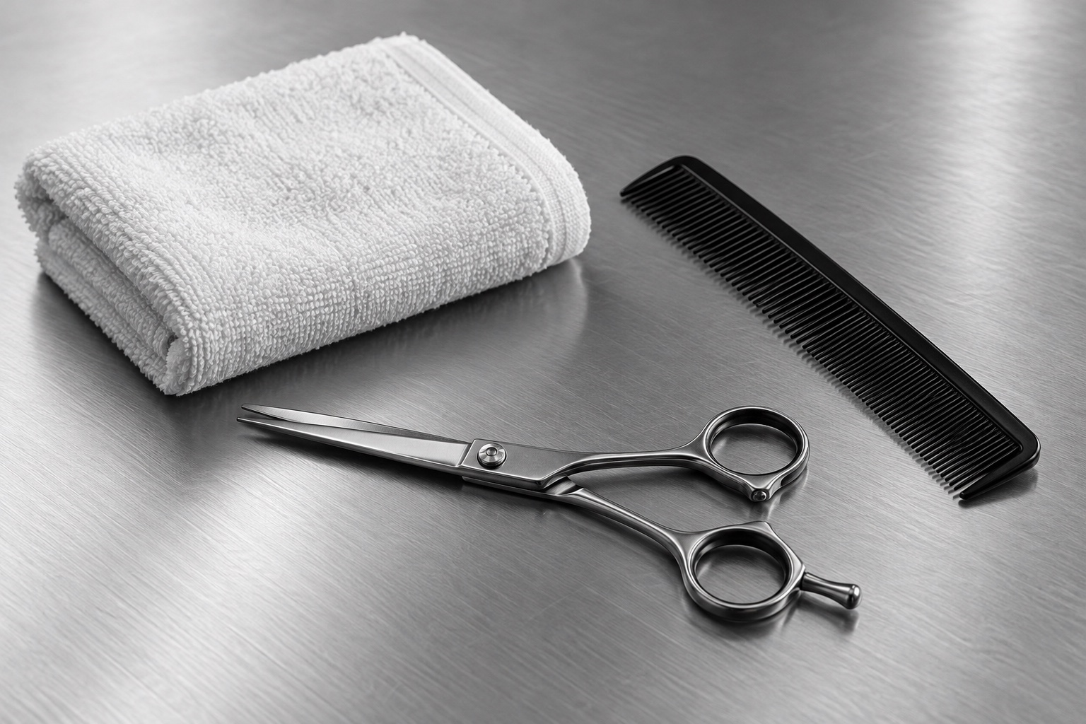 Illustrative still life of scissors, a comb and a folded towel on brushed silver
